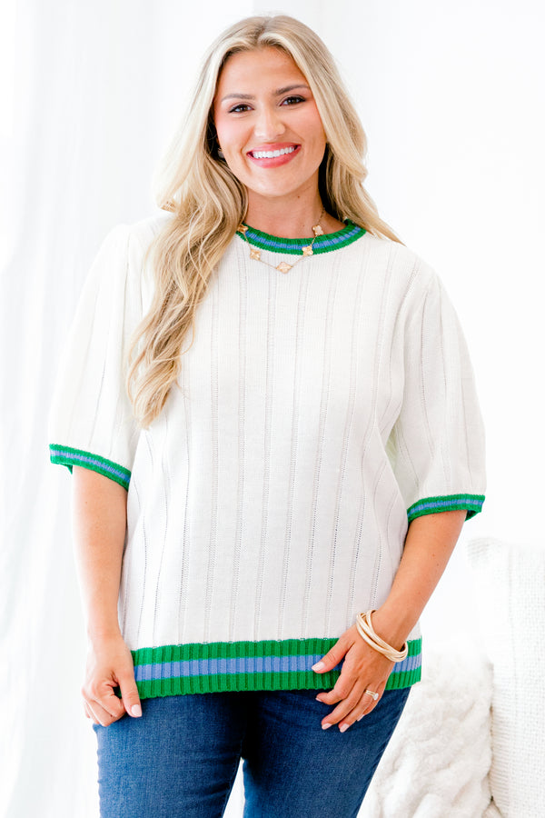 Chic Soul plus size clothing, short-puffed-sleeve ivory cable knit top with a striped green and blue trim across the hem, neckline, and sleeves 