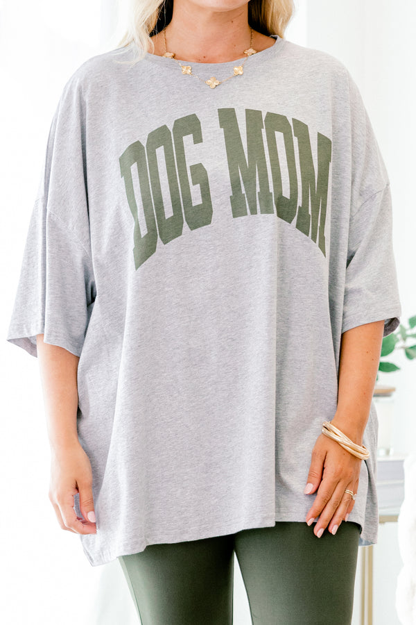 Plus Size heather gray oversized boyfriend tee with green Dog Mom graphic and crew neckline.
