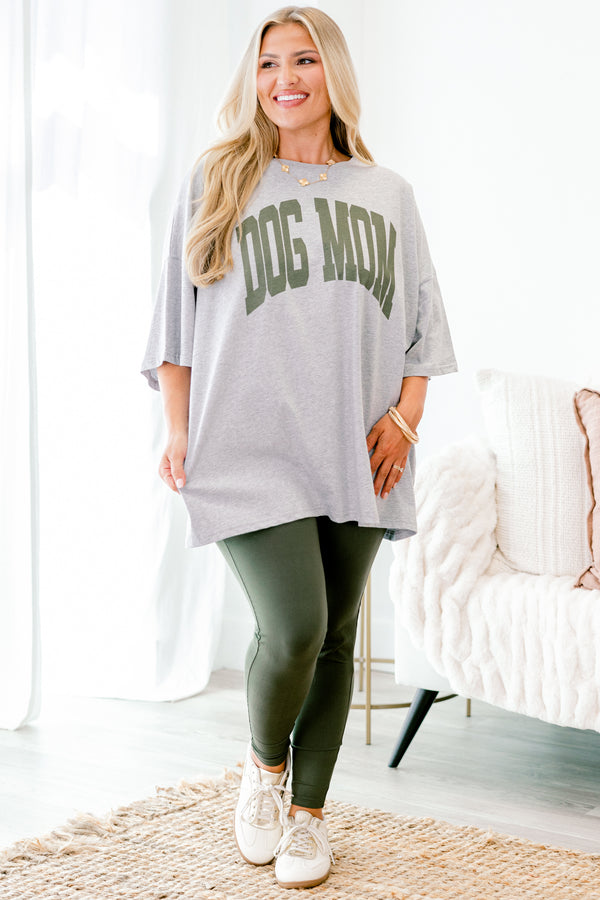 Plus Size heather gray oversized boyfriend tee with green Dog Mom graphic and crew neckline.