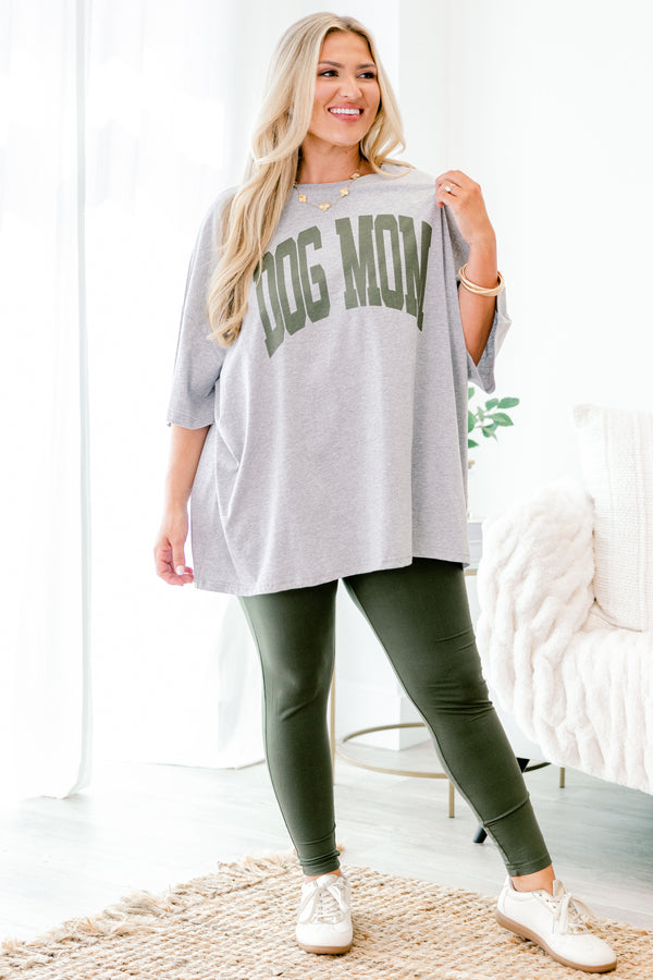 Plus Size heather gray oversized boyfriend tee with green Dog Mom graphic and crew neckline.