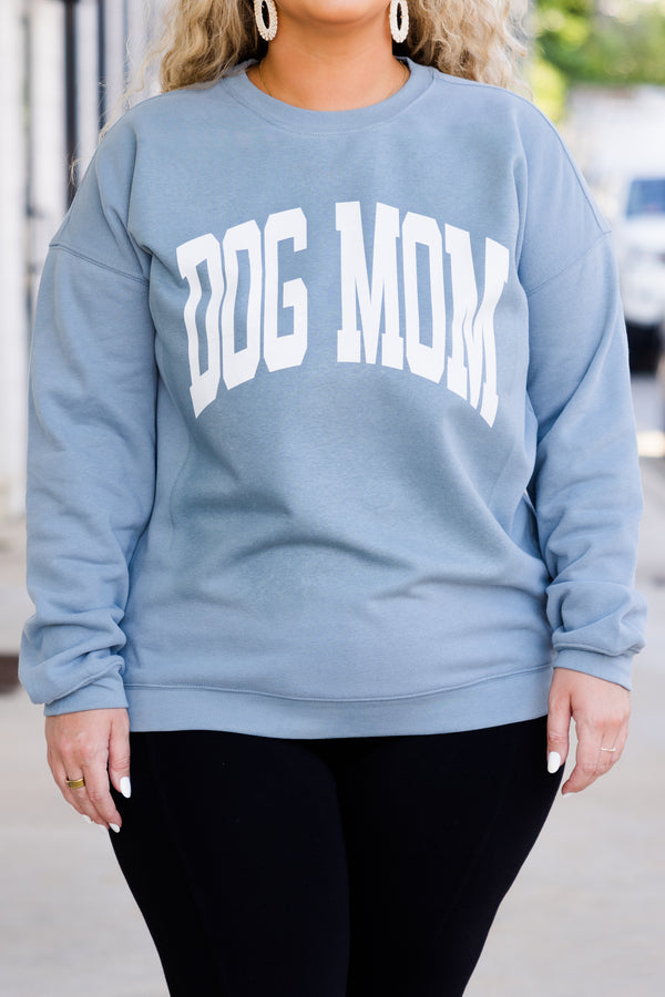 Chic Soul plus size clothing, long-sleeve denim blue crewneck sweatshirt with white graphic lettering stating 