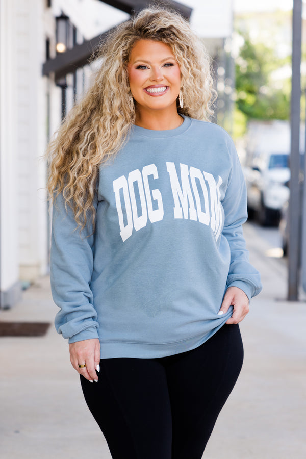 Chic Soul plus size clothing, long-sleeve denim blue crewneck sweatshirt with white graphic lettering stating 