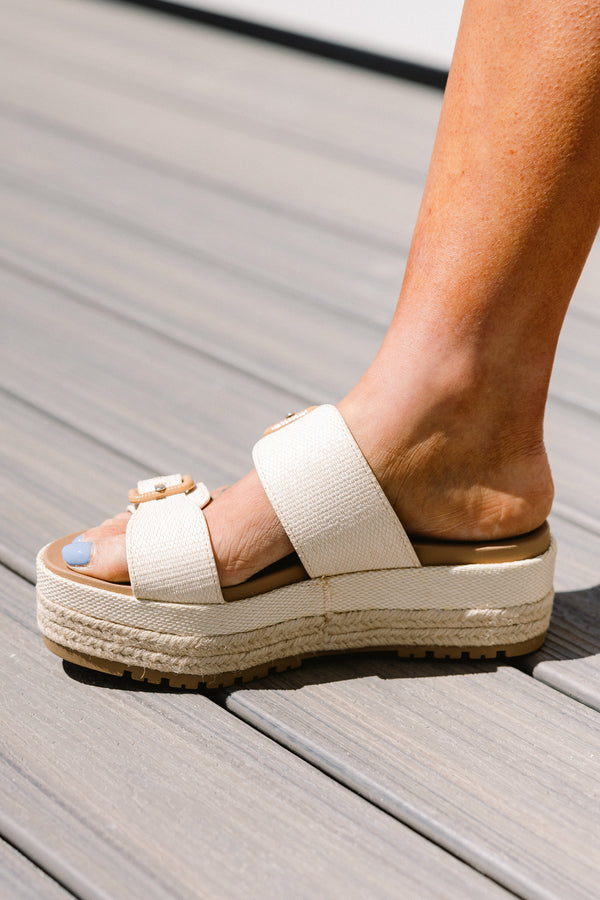 Chic Soul plus size clothing, natural tan platform sandals with two thick straps with brown buckles and a rope-lined platform heel