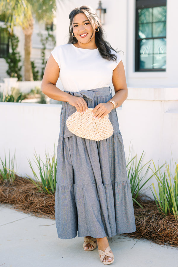 Chic Soul plus size clothing, short sleeve tiered maxi dress with the top half being a white tee and the skirt a light wash denim blue and a tie belt at the waist 