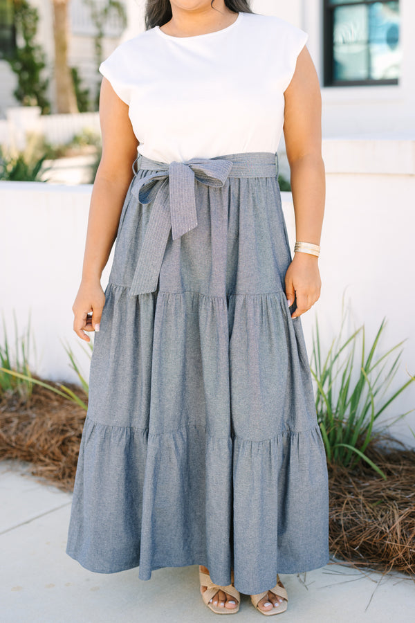 Chic Soul plus size clothing, short sleeve tiered maxi dress with the top half being a white tee and the skirt a light wash denim blue and a tie belt at the waist 