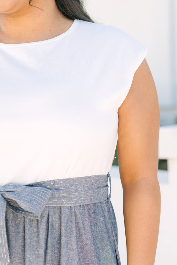Chic Soul plus size clothing, short sleeve tiered maxi dress with the top half being a white tee and the skirt a light wash denim blue and a tie belt at the waist 