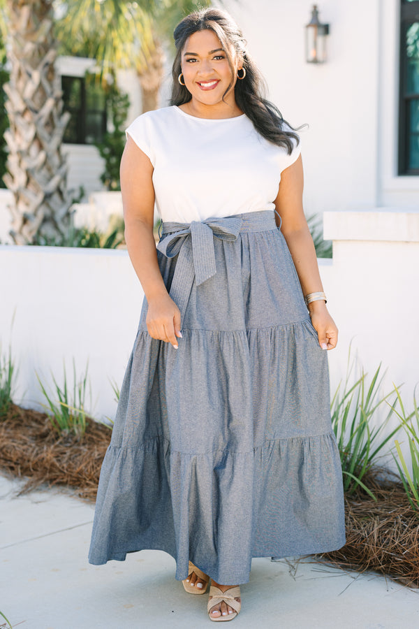 Chic Soul plus size clothing, short sleeve tiered maxi dress with the top half being a white tee and the skirt a light wash denim blue and a tie belt at the waist 