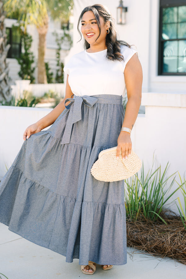 Chic Soul plus size clothing, short sleeve tiered maxi dress with the top half being a white tee and the skirt a light wash denim blue and a tie belt at the waist 
