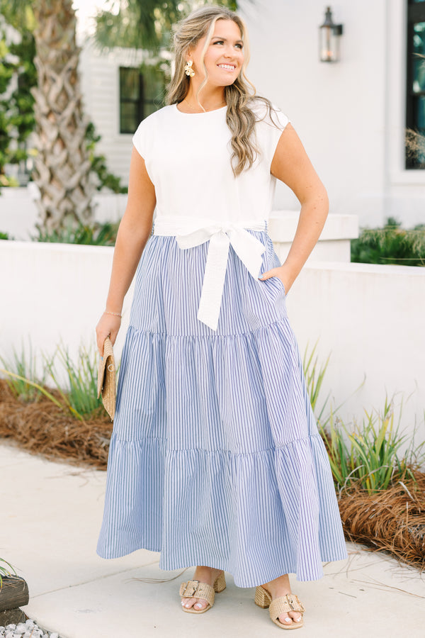 Chic Soul plus size clothing, white bodice with blue and white pin stripe tiered skirt mxi dress with white bow on the waist