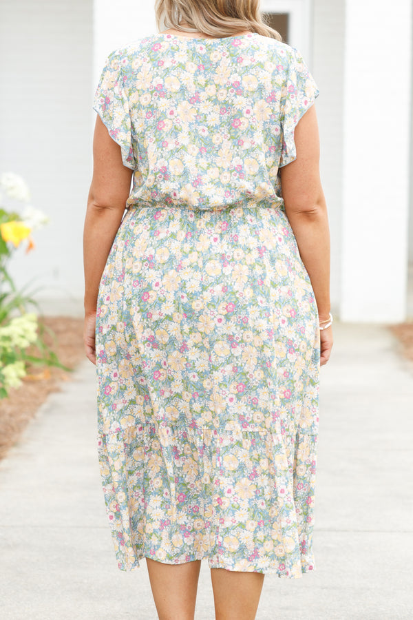 Chic Soul plus size clothing, multicolor floral pattern midi dress with ruffle sleeves and cinched waistline
