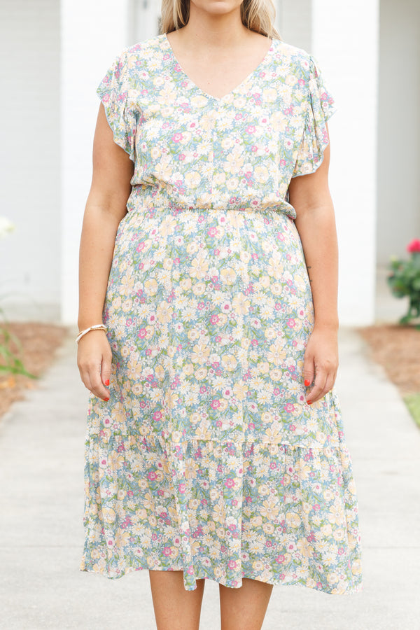 Chic Soul plus size clothing, multicolor floral pattern midi dress with ruffle sleeves and cinched waistline