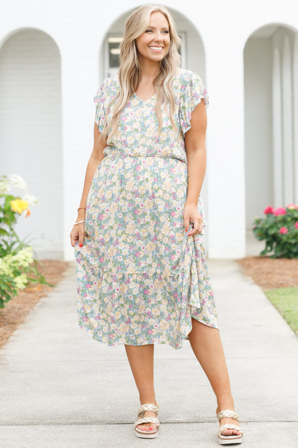 Chic Soul plus size clothing, multicolor floral pattern midi dress with ruffle sleeves and cinched waistline
