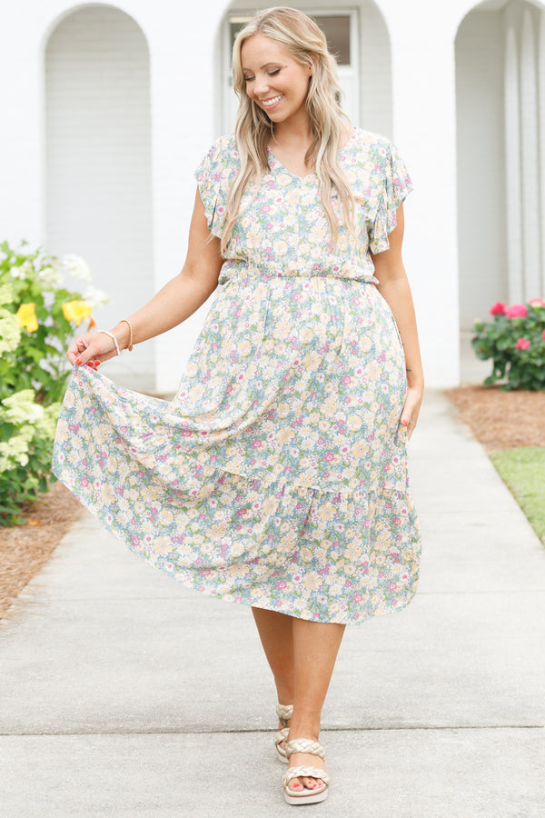 Chic Soul plus size clothing, multicolor floral pattern midi dress with ruffle sleeves and cinched waistline