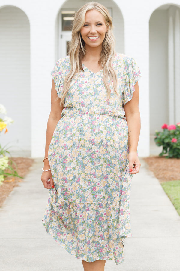 Chic Soul plus size clothing, multicolor floral pattern midi dress with ruffle sleeves and  cinched waistline