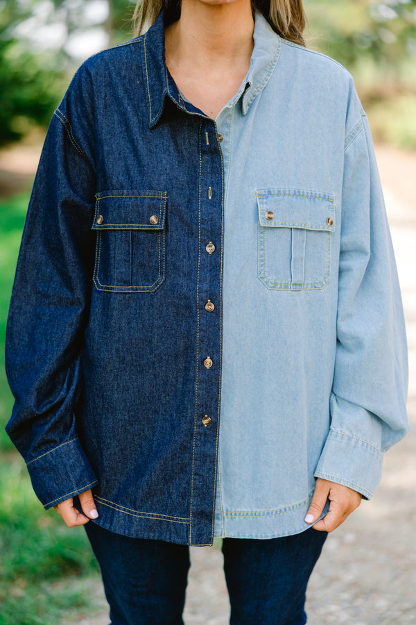 Chic Soul plus size clothing, 2 tone denim button up that is half light wash and half dark wash