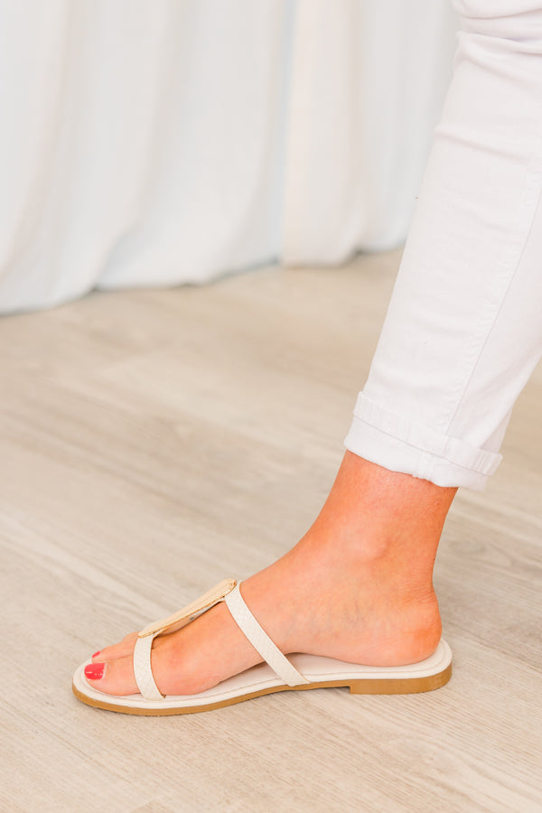 Chic Soul plus size clothing, white sandals with two thin straps and a connecting gold bar with brown soles