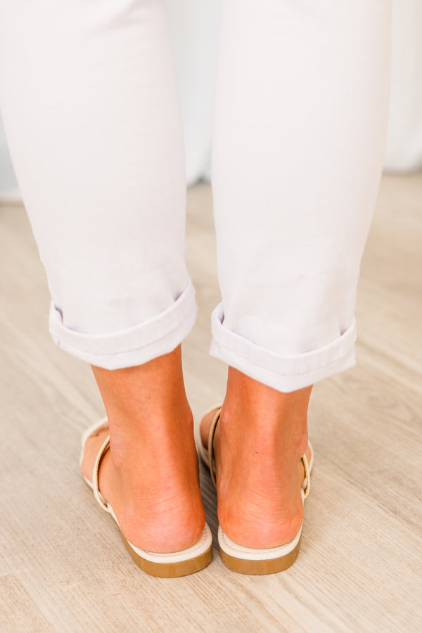 Chic Soul plus size clothing, white sandals with two thin straps and a connecting gold bar with brown soles
