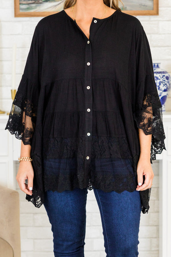 Plus Size black button-down blouse with tiered lace trim and wide lace-cuffed sleeves.