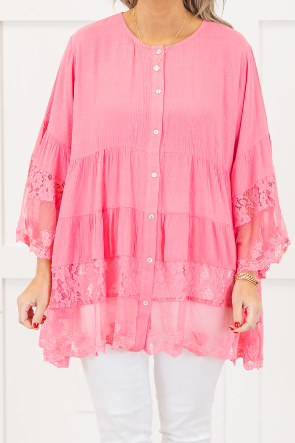 Chic Soul plus size clothing, quarter-sleeve ruffled flowy hot pink blouse with a scoop-neckline and white button detailing along the front with subtle lace detailing on the ruffles of the top and the sleeves 