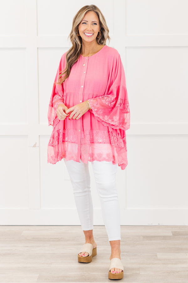 Chic Soul plus size clothing, quarter-sleeve ruffled flowy hot pink blouse with a scoop-neckline and white button detailing along the front with subtle lace detailing on the ruffles of the top and the sleeves 