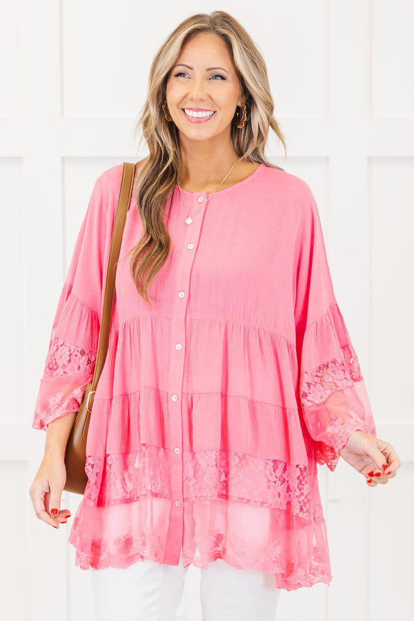 Chic Soul plus size clothing, quarter-sleeve ruffled flowy hot pink blouse with a scoop-neckline and white button detailing along the front with subtle lace detailing on the ruffles of the top and the sleeves 