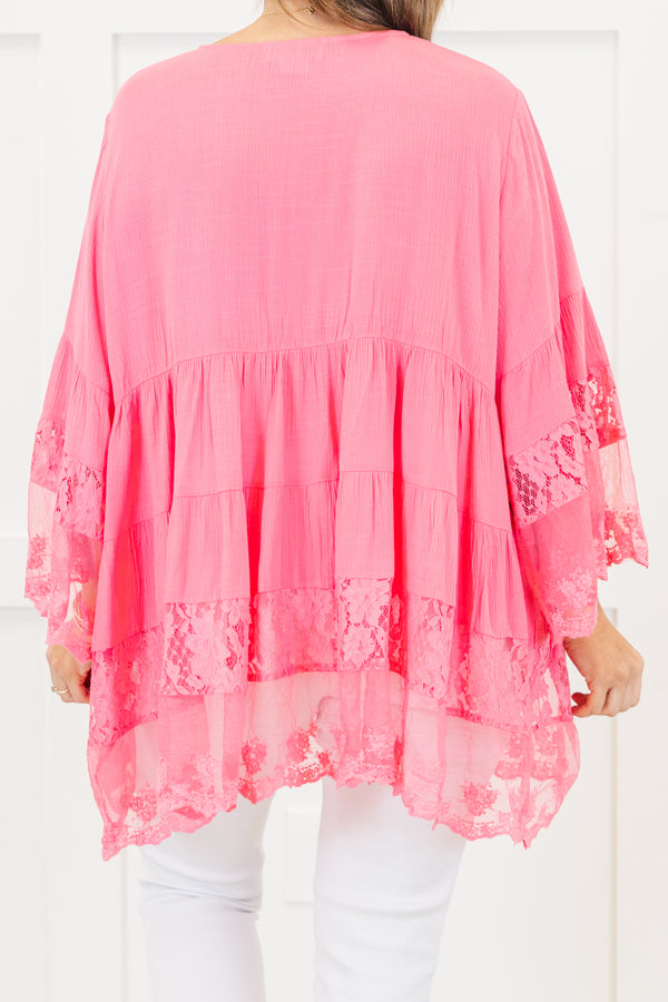 Chic Soul plus size clothing, quarter-sleeve ruffled flowy hot pink blouse with a scoop-neckline and white button detailing along the front with subtle lace detailing on the ruffles of the top and the sleeves 