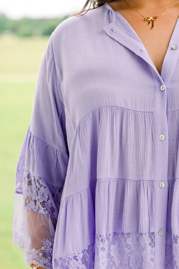 Plus Size purple button-down blouse with flowy lace-trimmed sleeves and a tiered hem.