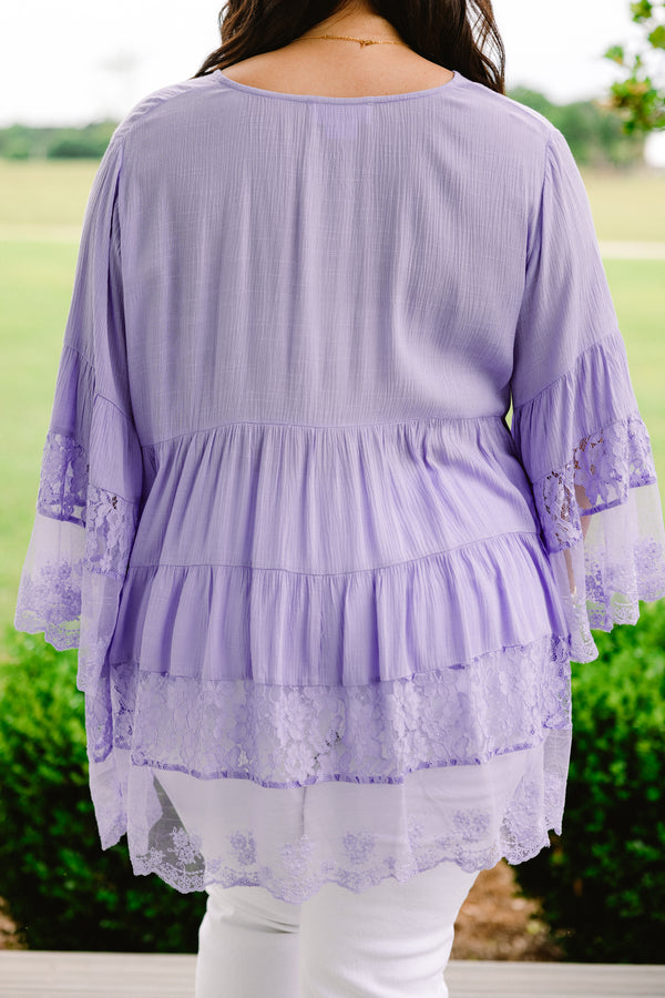 Plus Size purple button-down blouse with flowy lace-trimmed sleeves and a tiered hem.