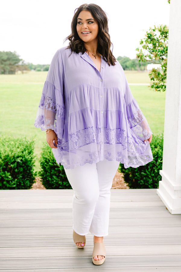 Plus Size purple button-down blouse with flowy lace-trimmed sleeves and a tiered hem.