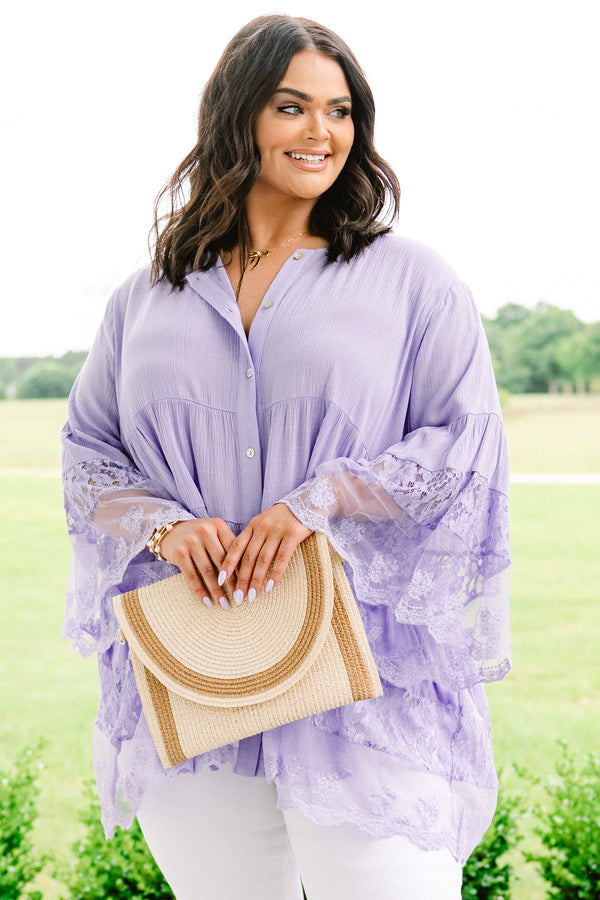 Plus Size purple button-down blouse with flowy lace-trimmed sleeves and a tiered hem.