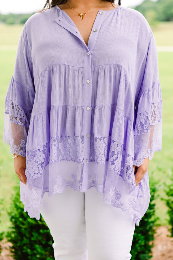 Plus Size purple button-down blouse with flowy lace-trimmed sleeves and a tiered hem.