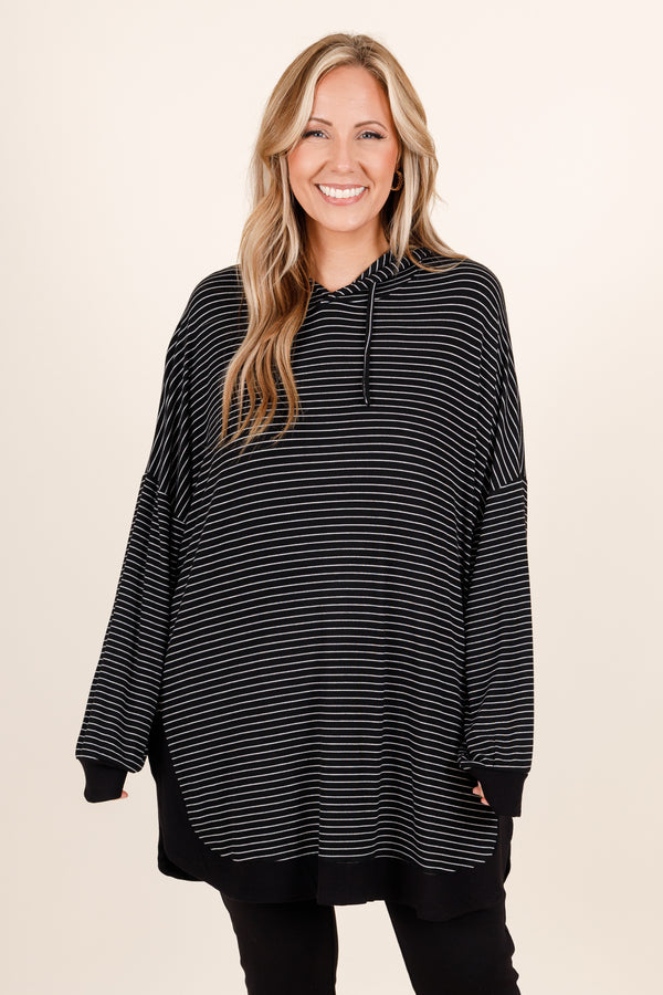 Chic Soul plus size clothing, black and white striped oversized hoodie