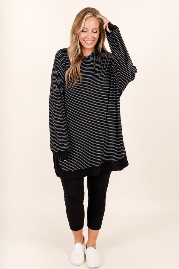 Chic Soul plus size clothing, black and white striped oversized hoodie