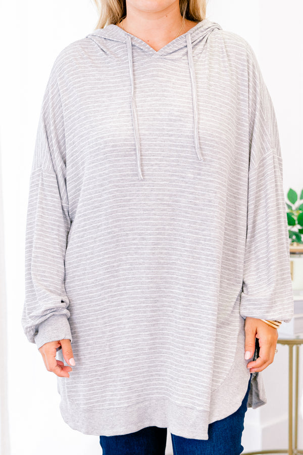 Chic Soul plus size clothing, gray and white striped oversized hoodie