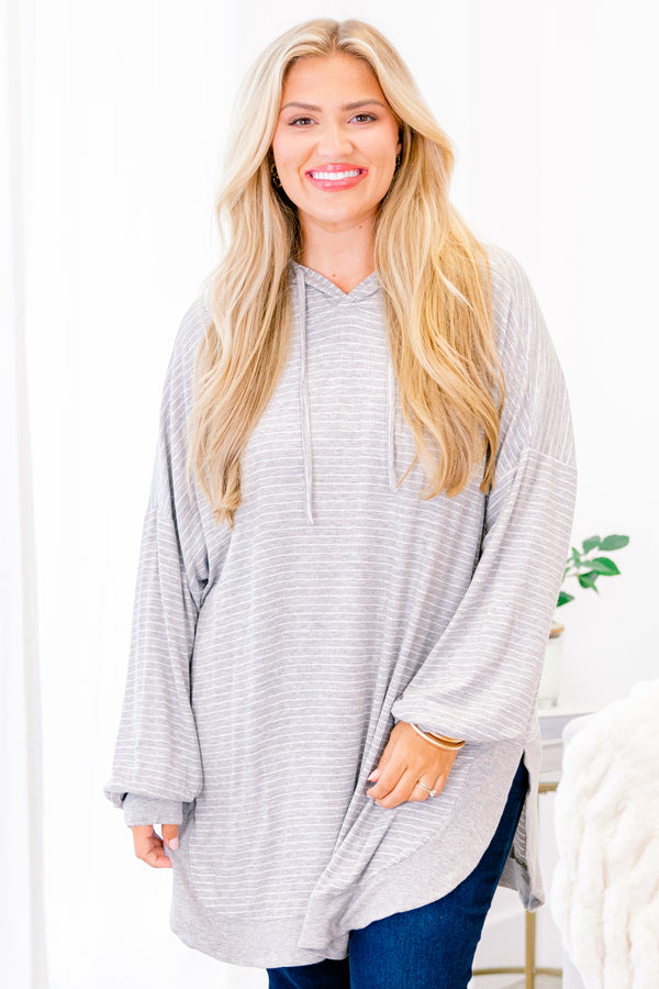 Chic Soul plus size clothing, gray and white striped oversized hoodie