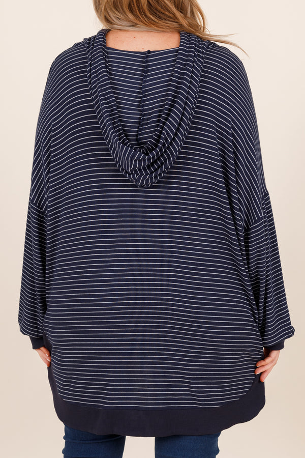 Chic Soul plus size clothing, navy and white striped oversized hoodie