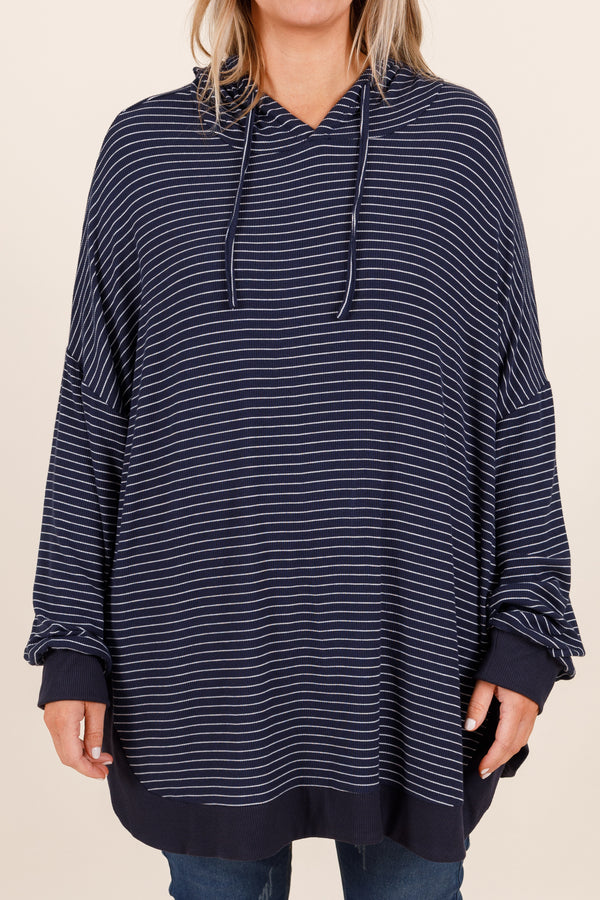 Chic Soul plus size clothing, navy and white striped oversized hoodie