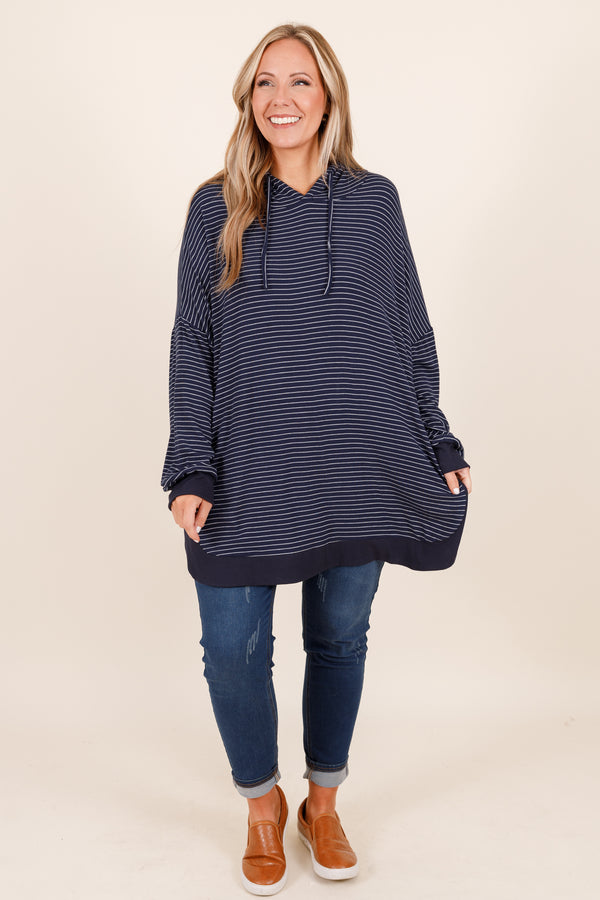 Chic Soul plus size clothing, navy and white striped oversized hoodie