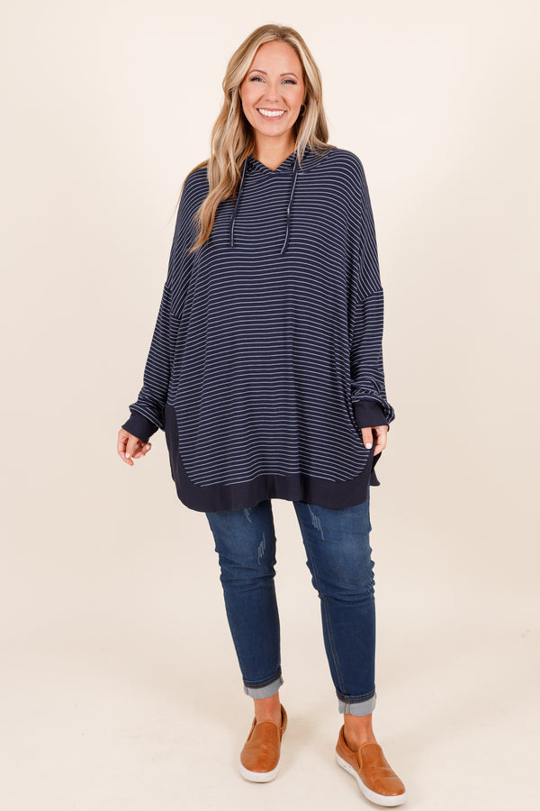 Chic Soul plus size clothing, navy and white striped oversized hoodie
