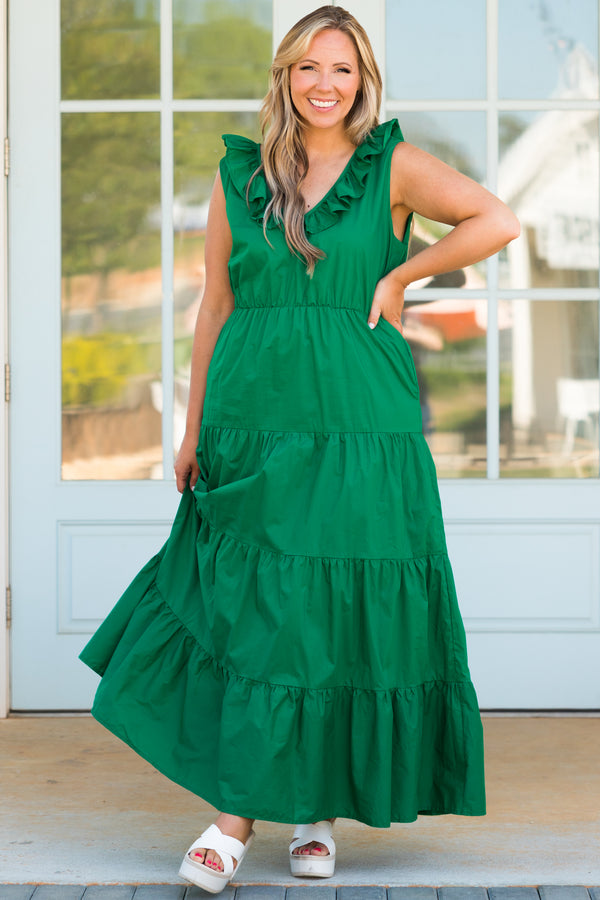 Chic Soul plus size clothing, green tiered maxi dress with ruffle neckline and a cinched waistline