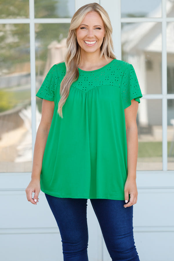 Chic Soul plus size clothing, kelly green flowy top with eyelet lace across neckline and sleeves