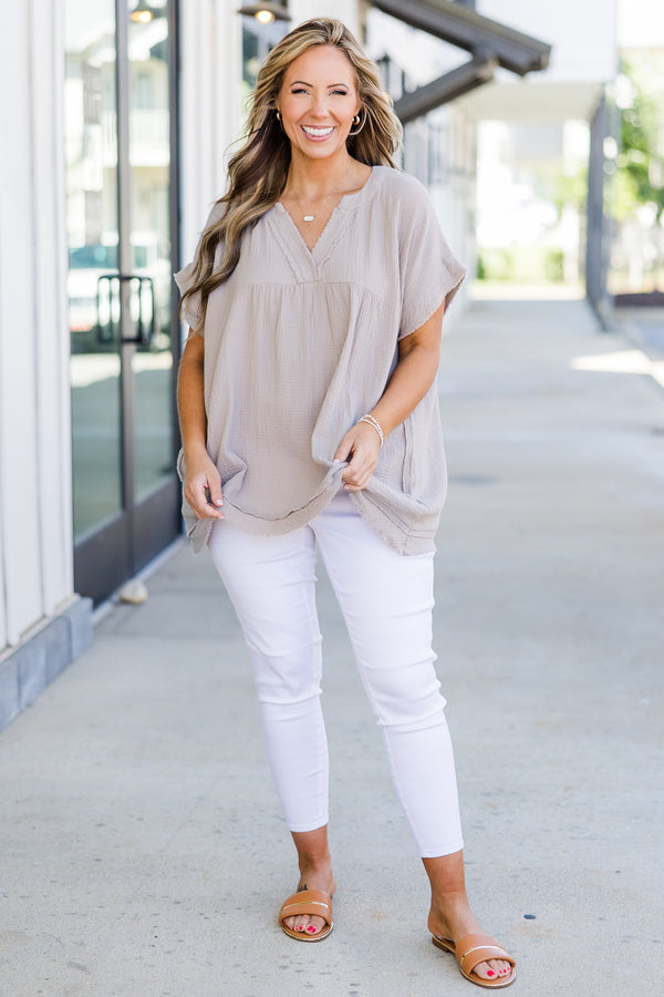 Chic Soul plus size clothing, ash mocha short sleeve linen top with cuff sleeves and v neckline