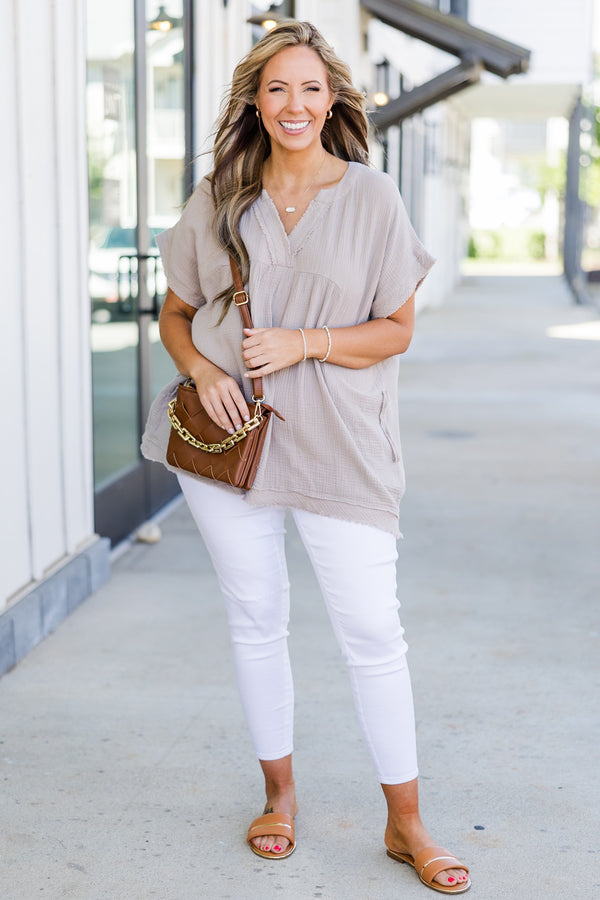 Chic Soul plus size clothing, ash mocha short sleeve linen top with cuff sleeves and v neckline