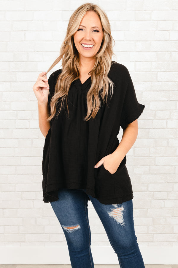 Chic Soul plus size clothing black flowy textured top with smocked detailing on sleeves