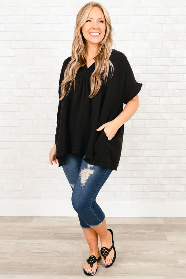 Chic Soul plus size clothing black flowy textured top with smocked detailing on sleeves