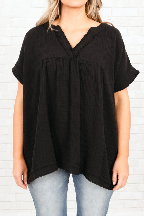 Chic Soul plus size clothing black flowy textured top with smocked detailing on sleeves