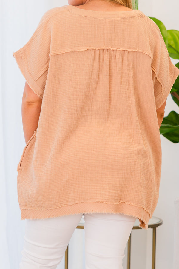 Chic Soul plus size clothing, short sleeve brush tan top with v-neckline and distressed detailing 