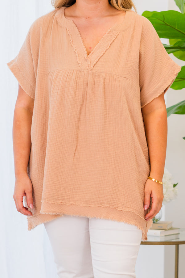 Chic Soul plus size clothing, short sleeve brush tan top with v-neckline and distressed detailing 