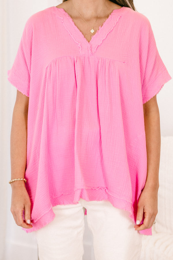 Chic Soul plus size clothing, candy pink short sleeve top with v neckline with short sleeves with pockets and raw hem detail along sleeves and bottom