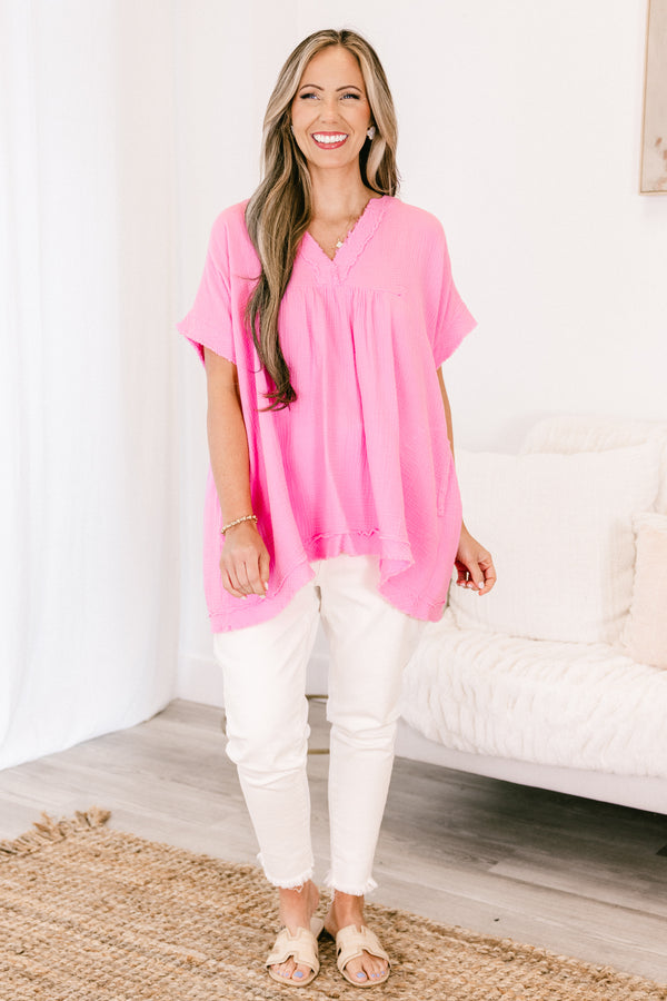 Chic Soul plus size clothing, candy pink short sleeve top with v neckline with short sleeves with pockets and raw hem detail along sleeves and bottom